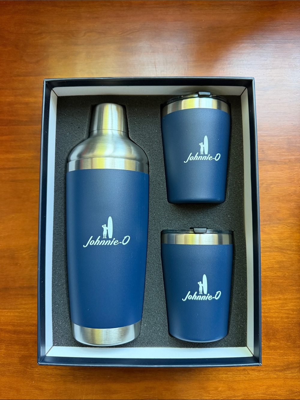 johnnie-O Navy Stainless Steel Cocktail Shaker and Twin Tumblers Set